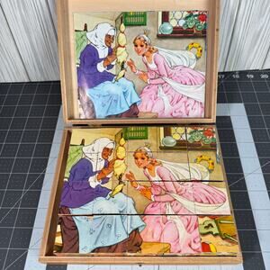 Vintage Eichhorn German Block Puzzle Grimm's Fairy Tales W/Wooden Case Complete